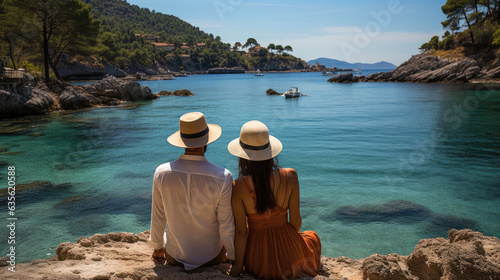 Couple with sun hats enjoying beautiful views over the ocean. Generative AI © piai