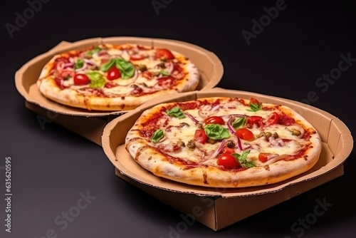 Two Italian pizzas in cardboard boxes. Italian fast food