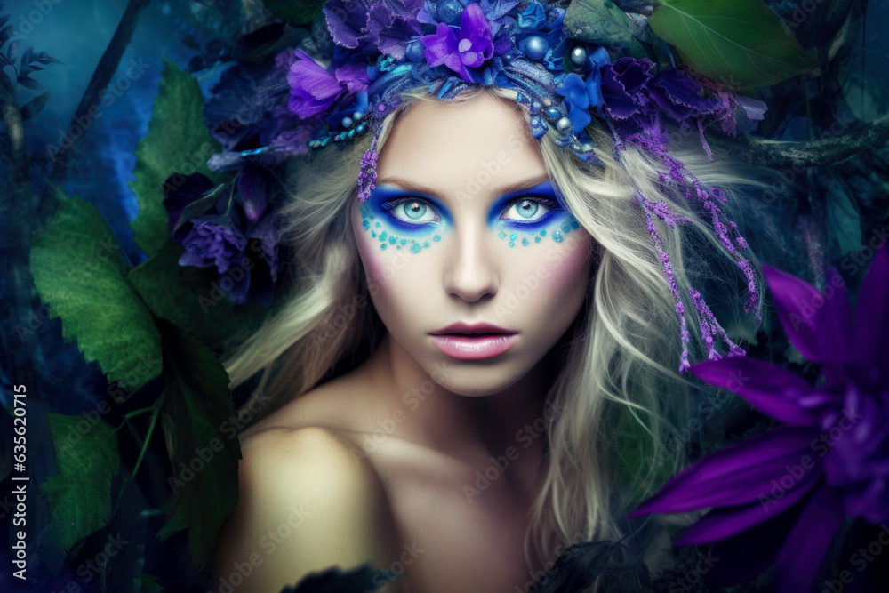 Elegant woman with purple flowers and glamorous makeup Elegant woman with purple flowers and glamorous makeup