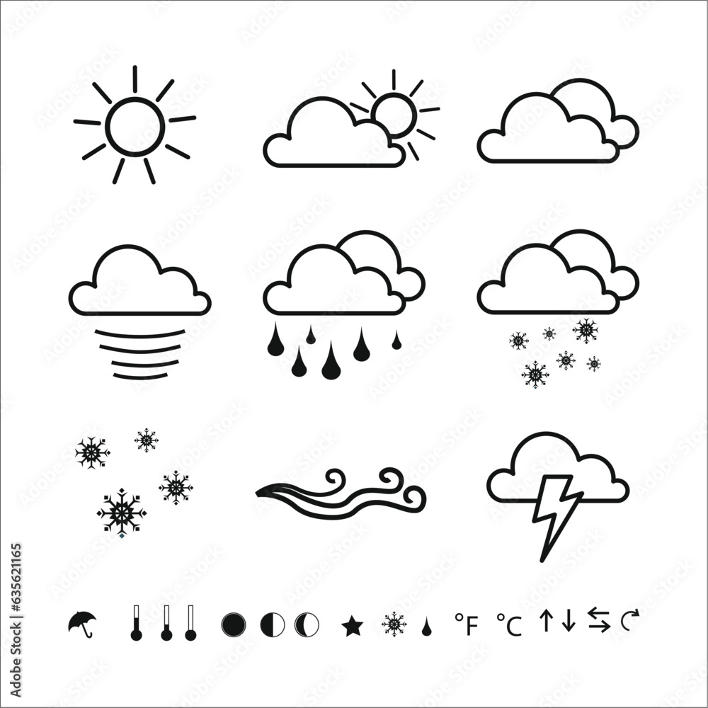 WEATHER - thin line vector icon set. Pixel perfect. Editable stroke. The set contains icons: Sun, Moon, Cloud, Winter, Summer, Rain, Snow, Blizzard, Umbrella, Snowflake, Sunrise, Wind. stock illustrat WEATHER - thin line vector icon set. Pixel perfect. Editable stroke. The set contains icons: Sun, Moon, Cloud, Winter, Summer, Rain, Snow, Blizzard, Umbrella, Snowflake, Sunrise, Wind. stock illustrat