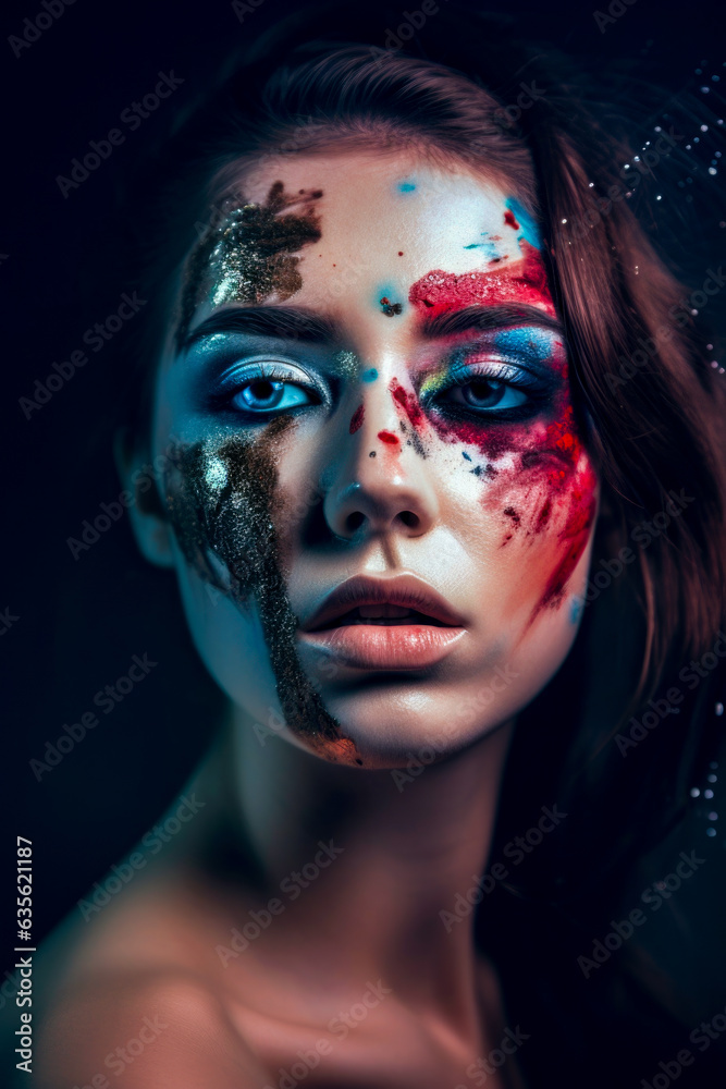 Striking headshot of a young woman with painted face on a dark background Striking headshot of a young woman with painted face on a dark background