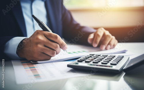 Closeup of economist using calculator while going through bills and taxes in the office