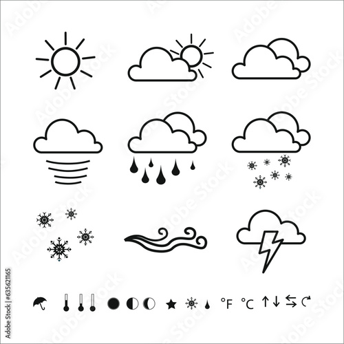 WEATHER - thin line vector icon set. Pixel perfect. Editable stroke. The set contains icons: Sun, Moon, Cloud, Winter, Summer, Rain, Snow, Blizzard, Umbrella, Snowflake, Sunrise, Wind. stock illustrat
