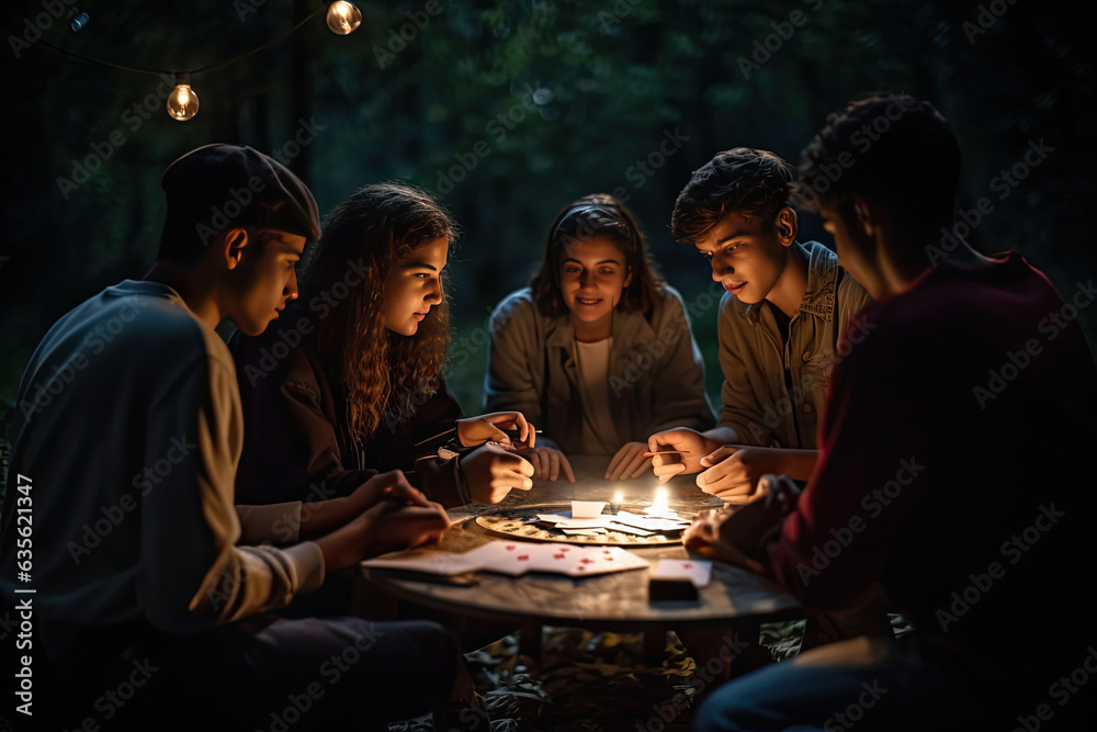 A group of friends are playing board games at a table in the garden on a warm summer evening.