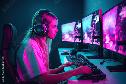 A young girl with a headset in front of a computer screen plays a futuristic video game while in a dark room with blue and pink lighting.