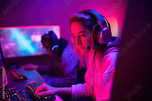 A beautiful girl in headphones plays a video game on the computer.