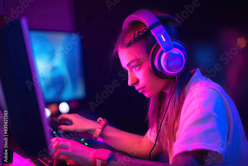 A girl sits in front of a computer monitor with a keyboard and mouse, and the background is lit with pink and purple lights.