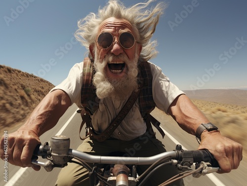 Fanny Erderly man riding a motorcicle .Ultra wide angle photo