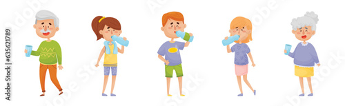 Man and Woman Drinking Water from Glass and Plastic Bottles Vector Set