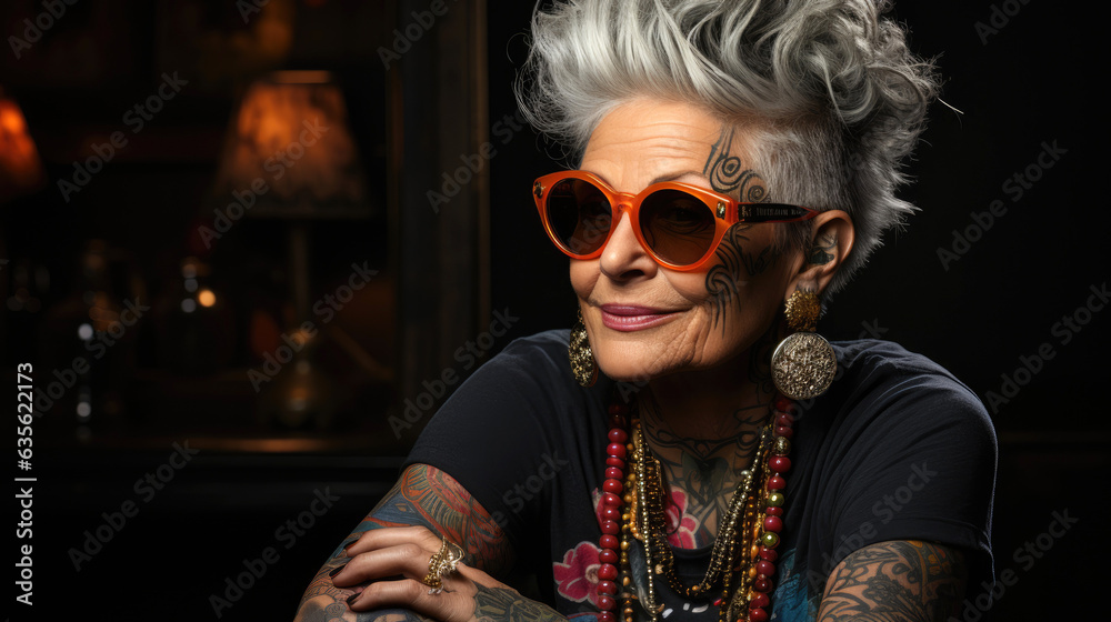Stylish elderly happy woman in tattoos smiling on dark background. Generative AI