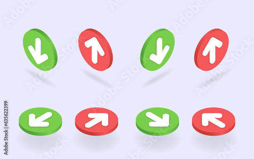 Isometric icons set of download and upload buttons. 3d file loading pictograms presented at different angles. Up and down arrows as file uploading, data transfer symbol. Vector illustration