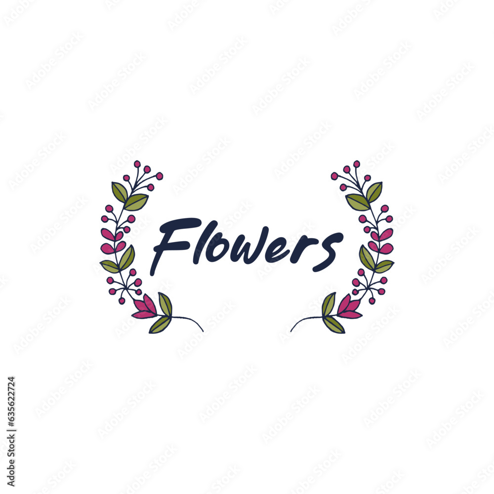 Logo of simple flowers on both sides, with the word elegantly inscribed within. A harmonious union of nature and expression. Vector illustration.