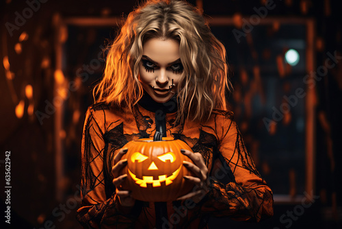 Magician woman in Halloween outfit and halloween makeup holding carved pumpkin. Generative AI.