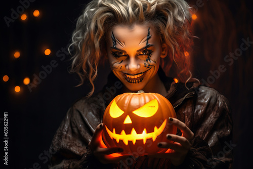 Magician woman in Halloween outfit and halloween makeup holding carved pumpkin. Generative AI.