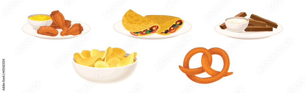 Snacks and Starters with Crunchy Chips, Pretzel, Tortilla and Chicken Vector Set Snacks and Starters with Crunchy Chips, Pretzel, Tortilla and Chicken Vector Set
