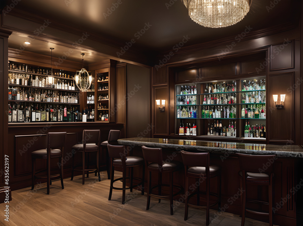 Ultrarealistic interior design of bar: medium shot