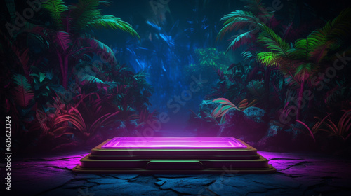 Fototapeta Naklejka Na Ścianę i Meble -  podium glowing colorful neon at night in tropical jungle made with generative AI