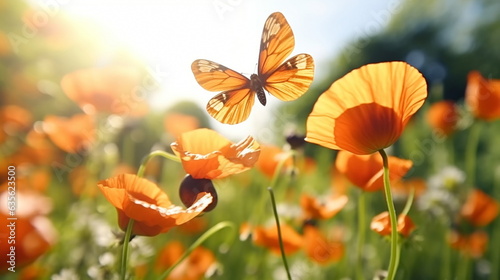  poppy flowers with morning dew water drops on wild field,bee and buterfly ,nature landscape background photo