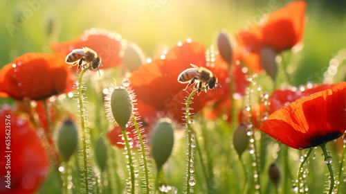  poppy flowers with morning dew water drops on wild field,bee and buterfly ,nature landscape background photo