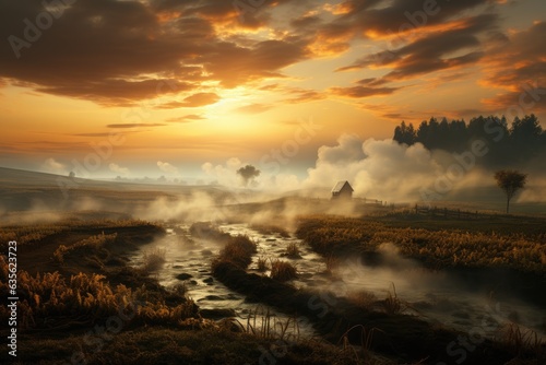 Fields of Whispers: Delving into the Ephemeral Landscape of Fog-Laden Fields at the Break of Dawn