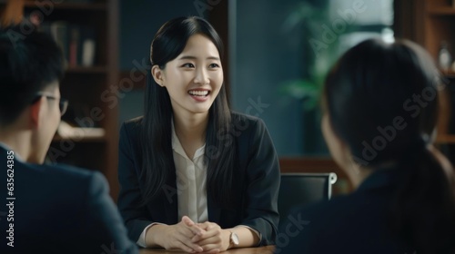 Smiling asian female historian talking to her colleagues