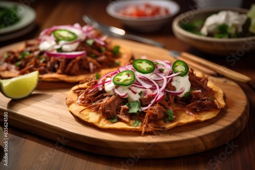 tostada on a wooden board.Mesican, Latin American cuisine photo