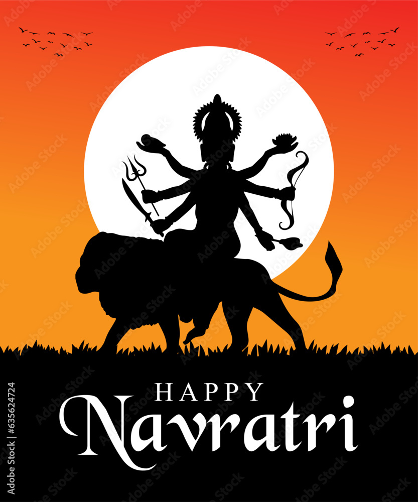 Happy Navratri festival celebration poster or banner design, Goddess Durga Maa silhouette illustration vector.