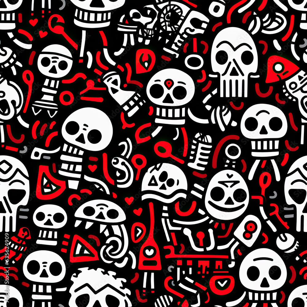 Cartoon skulls doodles graffiti funky repeat pattern Cartoon skulls doodles graffiti funky repeat pattern