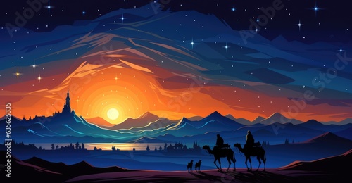 A group of people riding camels across a desert. Digital image. Three wise man.