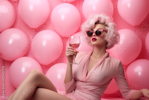 portrait of beautiful woman model in pink cocktail dress with a glass in hand