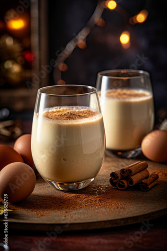 Two glasses of creamy Christmas Eggnog with ingredients on dark background. Vertical, side view.