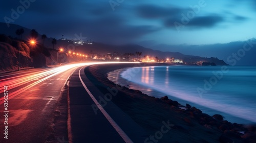 long exposure of a road along the sea at night 