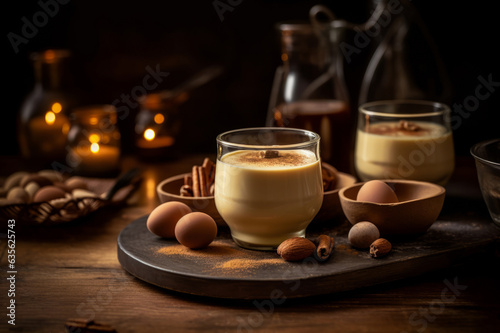 Christmas Eggnog with ingredients on dark wooden table. Horizontal, side view