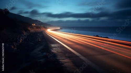 long exposure of a road along the sea at night 