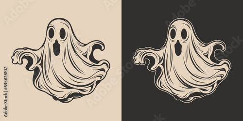 Vintage retro Halloween ghost character cartoon spooky scary horror element. Monochrome Graphic Art. Vector. Hand drawn element