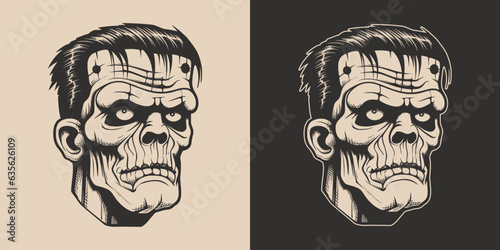 Vintage retro Halloween zombie dead frankenstein character face portrait. spooky scary horror element. Monochrome Graphic Art. Vector. Hand drawn element engraving