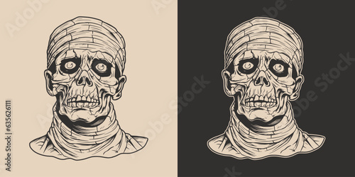 Vintage retro Halloween mummy character face portrait. spooky scary horror element. Monochrome Graphic Art. Vector. Hand drawn