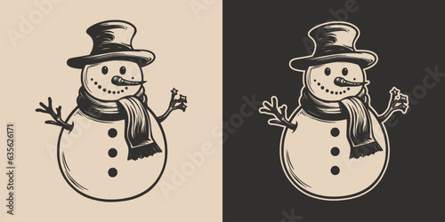 Set of vintage retro snowman snowflakes character with hat and carrot and scarf. Merry christmas xmas new year holiday halloween poster. Graphic Art. Engraving vector illustration