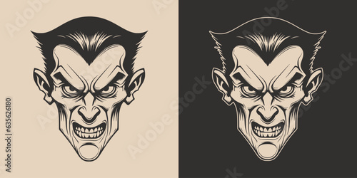 Vintage retro Halloween vampire dracula character face portrait. spooky scary horror element. Monochrome Graphic Art. Vector. Hand drawn element in engraving.