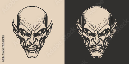 Vintage retro Halloween vampire dracula character face portrait. spooky scary horror element. Monochrome Graphic Art. Vector. Hand drawn element in engraving.