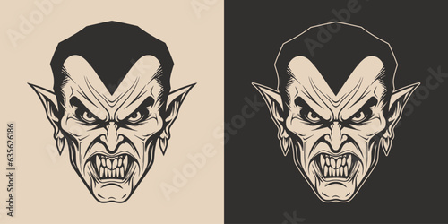 Vintage retro Halloween vampire dracula character face portrait. spooky scary horror element. Monochrome Graphic Art. Vector. Hand drawn element in engraving.