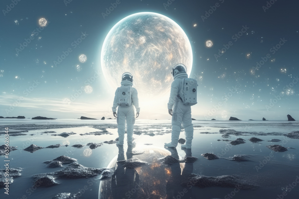 A Man And A Woman In White Futuristic Spacesuits ai generated
