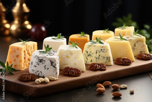 Pieces of cheese of different types on a wooden board. Advertising banner. Generative AI photo