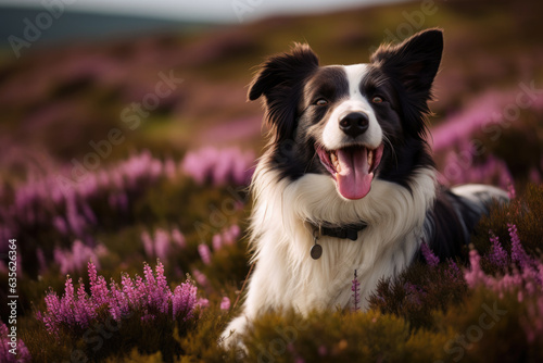 A Smiling Border Collie Dog Sitting Amongst Heather lavender ai generated