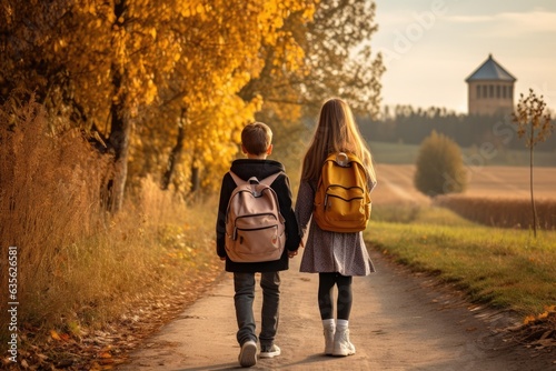 Back To School In Autumn, Back View Of Children ai generated © Tymofii