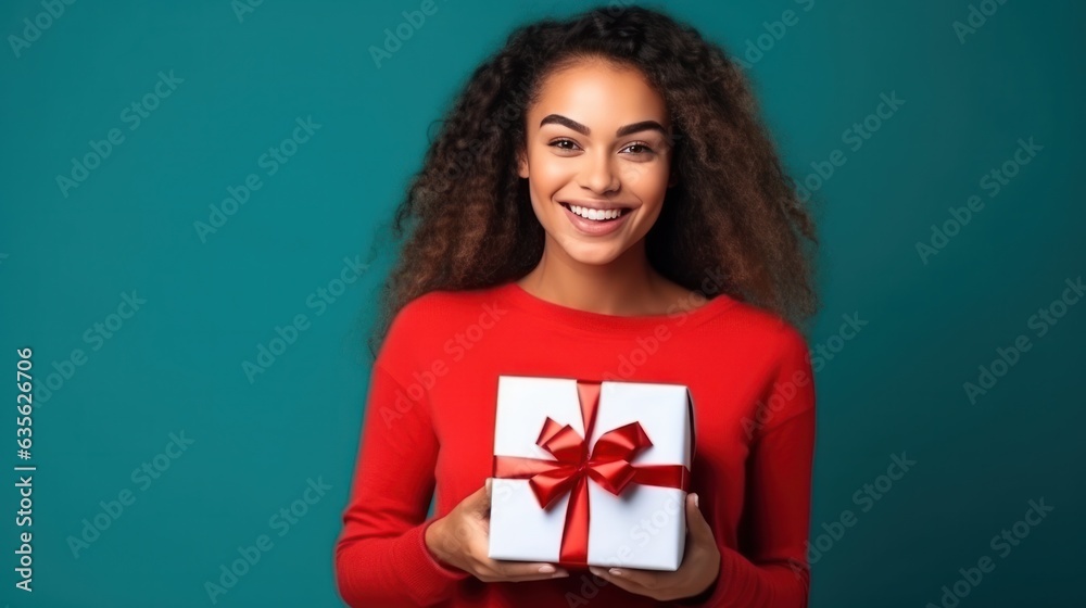 Beautiful girl standing on a red background with a gift in the hands Beautiful girl standing on a red background with a gift in the hands