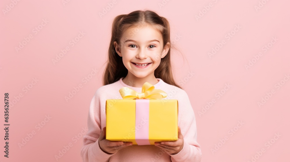 Beautiful girl standing on a pink background with a gift in the hands. Beautiful girl standing on a pink background with a gift in the hands.