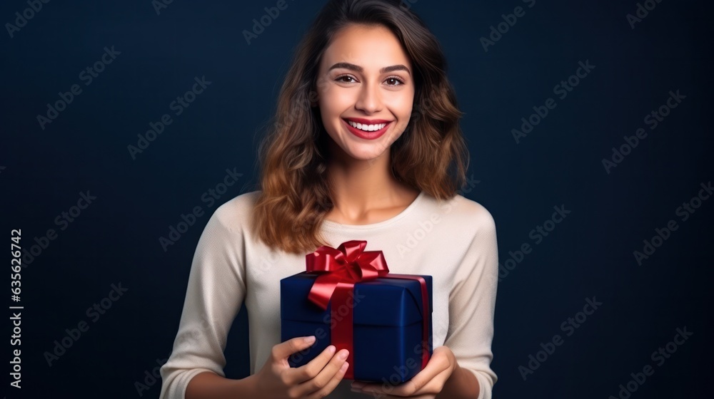 Fototapeta premium Beautiful girl standing on a blue background with a gift in the han