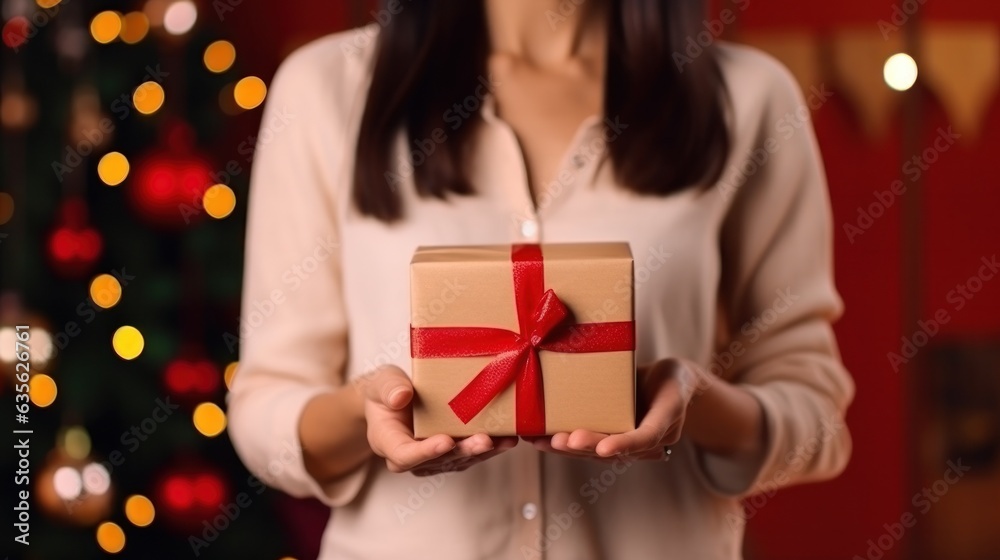 Beautiful girl standing on a red background with a gift in the hands
