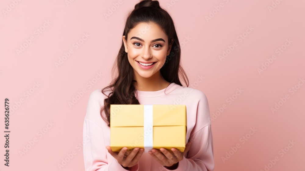 Beautiful girl standing on a pink background with a gift in the hands. Beautiful girl standing on a pink background with a gift in the hands.